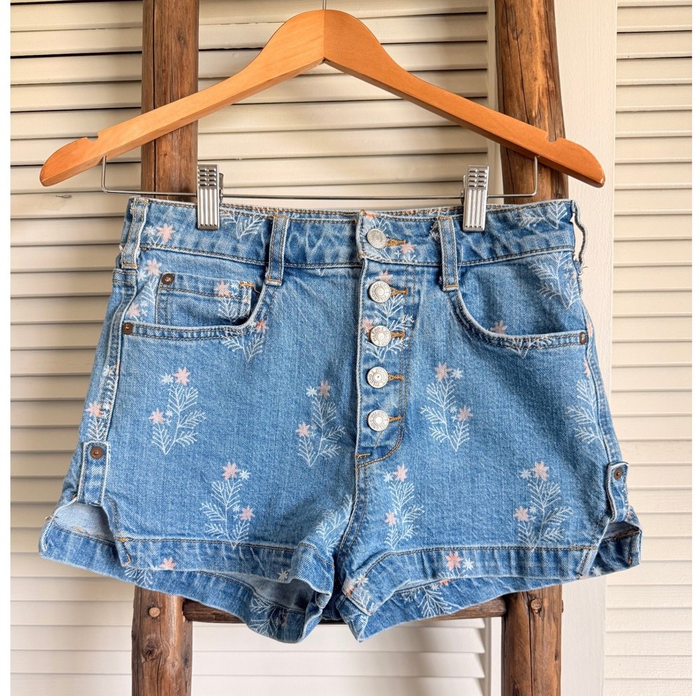 Pilcro Floral High Rise Button Fly‎ Denim Shorts Blue Size 26 Anthropologie